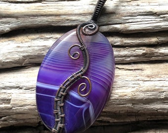 Purple Agate Pendant Necklace, Copper Wire wrapped Agate Pendant, Agate Pendant Necklace