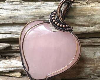 Rose Quartz Heart Pendant, Rose Quartz Necklace, Pink Pendant, Wire Wrapped Rose Quartz, Natural Gemstone Pendant, Handmade in Canada