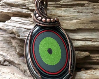 Fordite Copper Wire Wrapped Pendant Necklace, Detroit Agate Jewelry