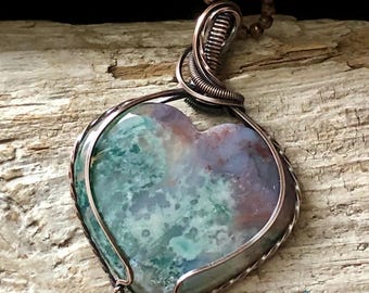 Moss Agate and Copper Heart Pendant Necklace