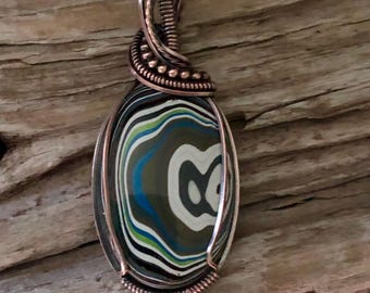 Fordite Copper Wire Wrapped Pendant Necklace, Detroit Agate Jewelry