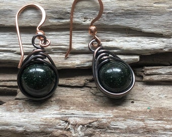 Green Goldstone Earrings, Green Goldstone Drop Earrings