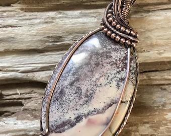 Porcelain Jasper Pendant Necklace: Antiqued Copper Wire Wrapped