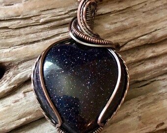 Blue Goldstone Puffy Heart Pendant, Antiqued Copper Wire Wrapped Necklace