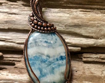 Blue Scheelite and Copper Pendant Necklace, Lapis Lace Onyx