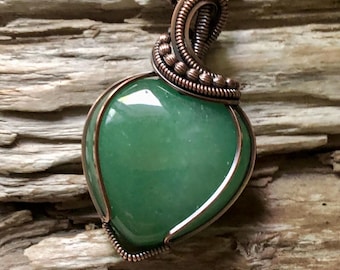 Adventurine Heart Pendant, Adenturine and Copper Pendant Necklace