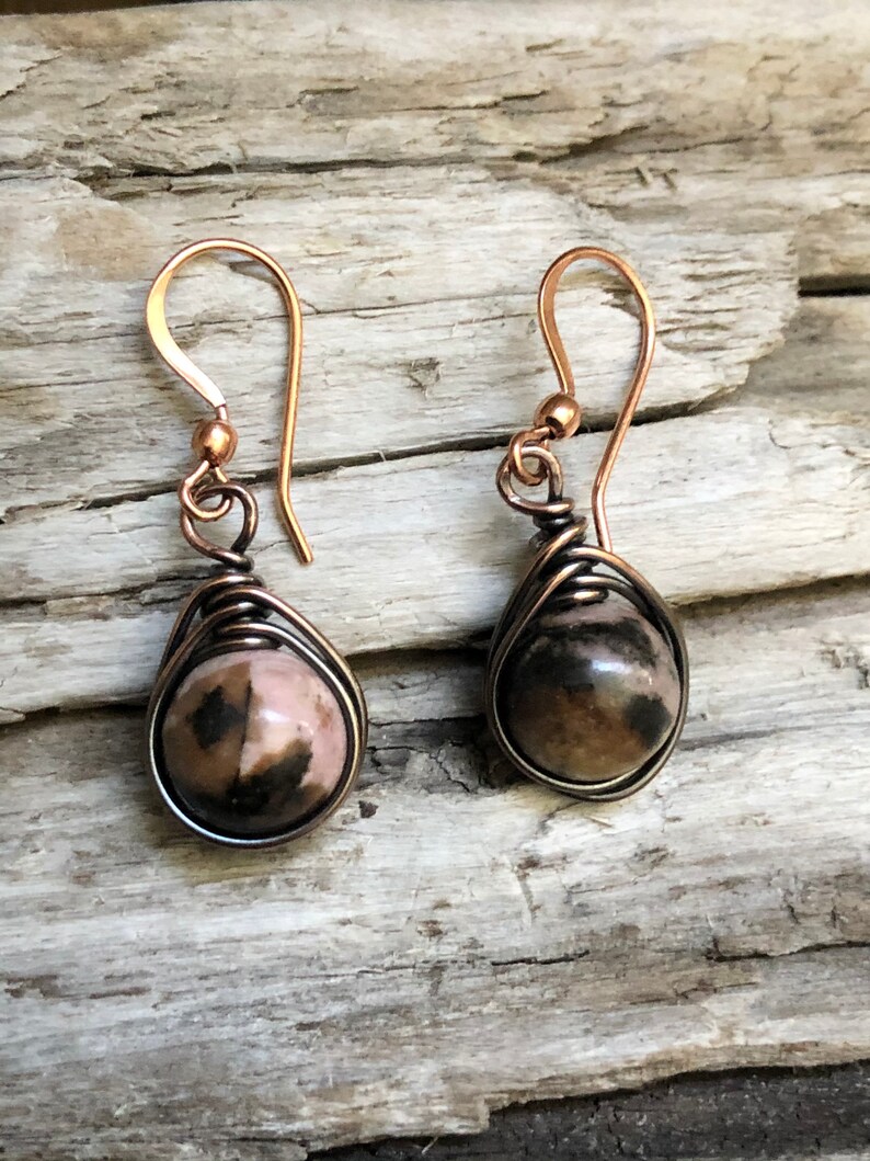 Rhodonite Dangle Earrings Rhodonite and Copper Earrings Pink Earrings