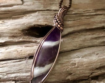 Chevron Amethyst Copper Wire Wrapped Pendant Necklace: February Birthstone