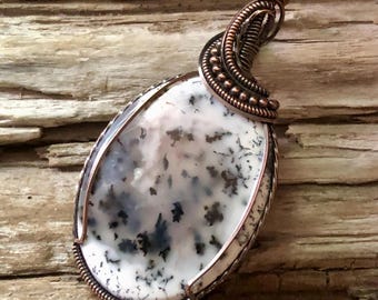 Dendritic Opal Pendant: Antiqued Copper Wire-Wrapped Necklace