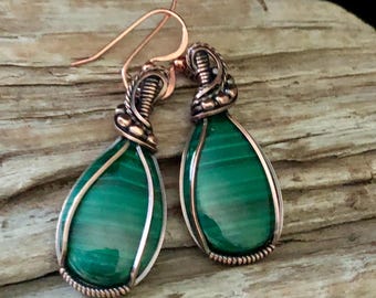 Malachite & Copper Dangle Earrings: Wrapped Cabochons,