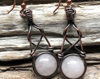 Rose Quartz and Copper Earrings, Rose Quartz Earrings, Handmade Jewelry