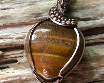 Tigers Eye Puffy Heart and Copper Heart Necklace