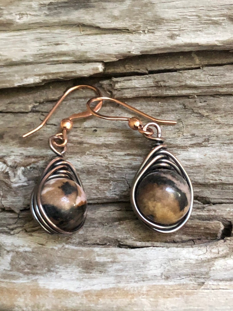 Rhodonite Dangle Earrings Rhodonite and Copper Earrings Pink Earrings