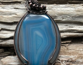 Blue Banded Agate Pendant, Blue Agate Necklace, Blue Pendant, Handmade in Canada