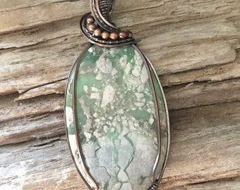 Variscite Pendant Necklace, Wire Wrapped Variscite Pendant, Copper Jewelry