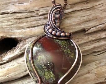Dragon Bloodstone Puffy Heart and Copper Pendant Necklace: Protection Amulet