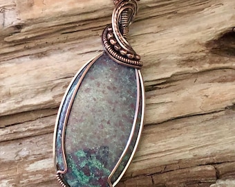 Ruby in Kyanite Copper Wire Wrapped Pendant Necklace, Oval Gemstone Cabochon