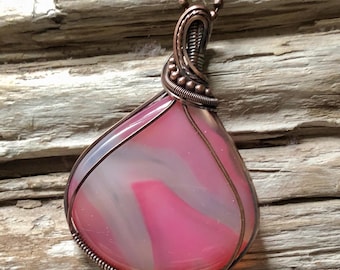 Pink Banded Agate Pendant: Handmade Antiqued Copper Necklace
