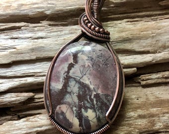 Porcelain Jasper Pendant Necklace: Antiqued Copper Wire Wrapped