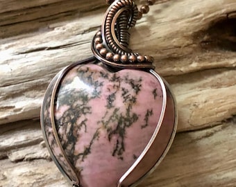 Rhodonite Puffy Heart Pendant Necklace, Copper Jewelry