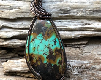 Turquoise Necklace, Wire Wrapped Turquoise Pendant, Turquoise Pendant, Copper and Turquoise Pendant