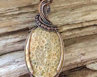 Fossilized Coral and Copper Pendant Necklace