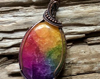 Handmade Antiqued Copper Wire Wrapped Rainbow Quartz Pendant Necklace