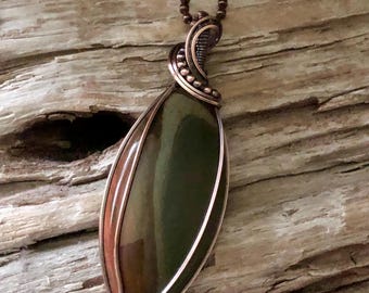 Polychrome Jasper Copper Pendant: Antiqued Wire Wrapped Necklace