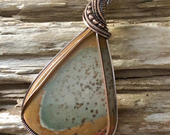 Polychrome Jasper Copper Pendant: Antiqued Wire Wrapped Necklace