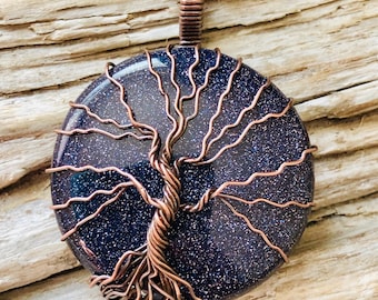 Blue Goldstone Tree of Life Pendant Necklace: Antiqued Copper Wire