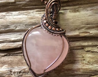 Rose Quartz Puffy Heart and Copper Pendant Necklace