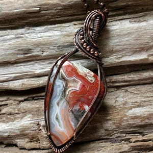 Crazy Lace Agate Pendant Necklace: Antiqued Copper Wire-Wrapped Stone