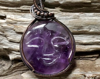Amethyst Moon Face Pendant Necklace: Handmade Antiqued Copper Wire Wrapped Jewelry