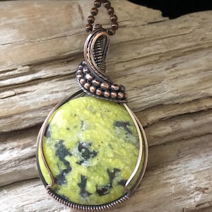 Lizardite Pendant Necklace: Oval Copper Wire Wrapped Gemstone