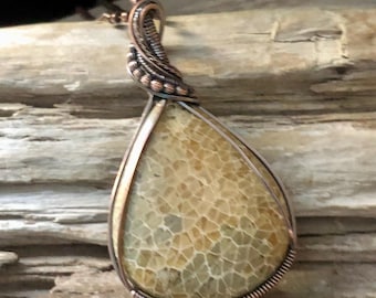 Fossilized Coral and Copper Pendant Necklace