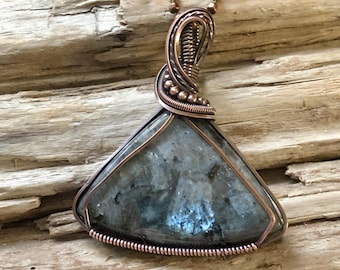 Wire Wrapped Larvikite Pendant Necklace, Copper Chain Jewelry