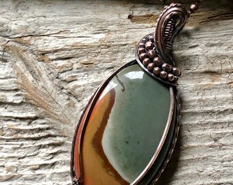Polychrome Jasper Copper Pendant: Antiqued Wire Wrapped Necklace