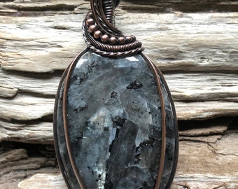 Larvikite Pendant, Larvikite and Copper Pendant Necklace, Larvikite wire wrapped Pendant