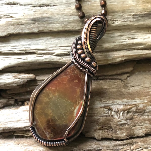 Red Ammolite and Copper Pendant Necklace, Ammolite Pendant, Copper Jewelry