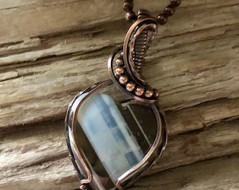 Small Blue Opal and Copper Heart Pendant Necklace