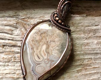 Crazy Lace Agate Copper Pendant Necklace - Antiqued Copper Ball Chain