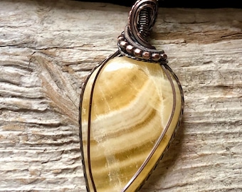 Yellow Lace Agate and Copper Pendant
