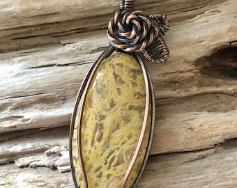 Copper Wire Wrapped Moss Agate Pendant Necklace