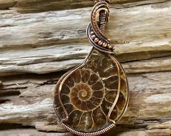 Ammonite and Copper Necklace, Fossil Pendant
