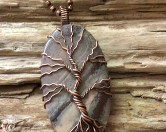 Porcelain Jasper Tree of Life Pendant, Sci Fi Jasper Copper Wire Wrapped Necklace