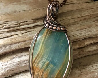Lemurian Blue Calcite and Copper Pendant Necklace