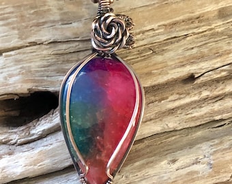 Antiqued Copper Wire Wrapped Rainbow Quartz Pendant Necklace