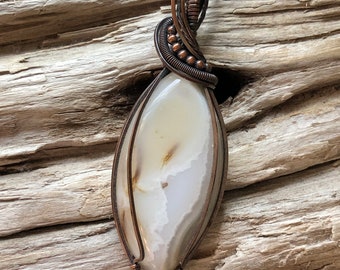 White Agate Pendant Necklace,  Agate and Copper Necklace
