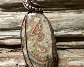 Wire Wrapped Crazy Lace Agate Pendant Necklace, Antiqued Copper Chain, Made Canada