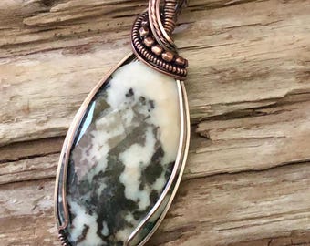 Zebra Jasper Copper Wire Wrapped Pendant Necklace, Antiqued Ball Chain